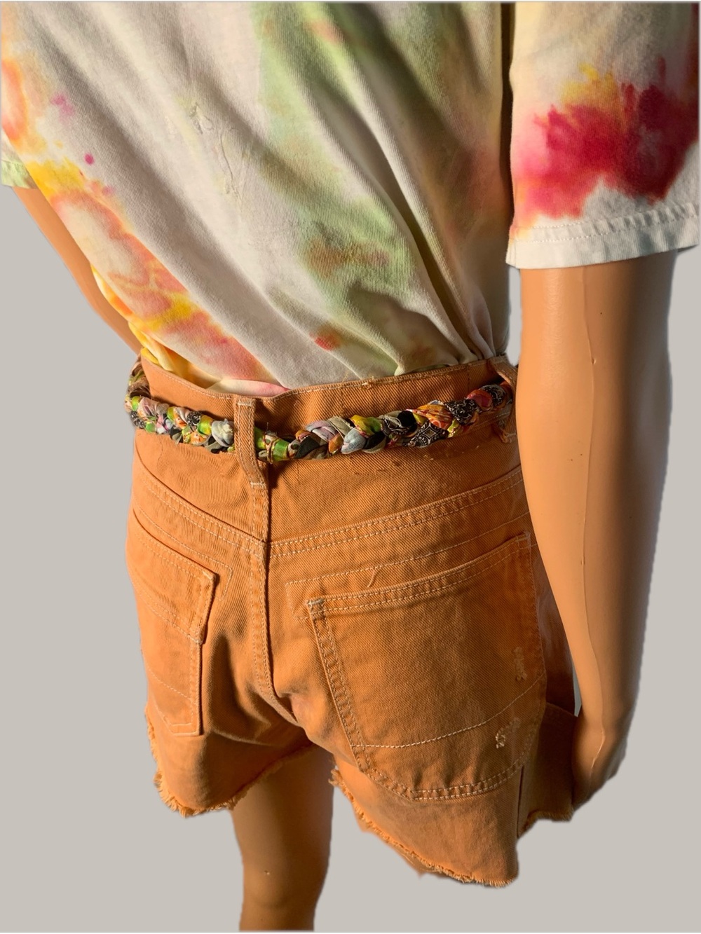 Boho Tan Patch Pocket Jean Shorts with Decorative Trim - Picture 9 of 12